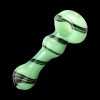A side view of the Jade Green Black Swirl Spoon Pipe, showcasing its curved shape and marbled glass finish.