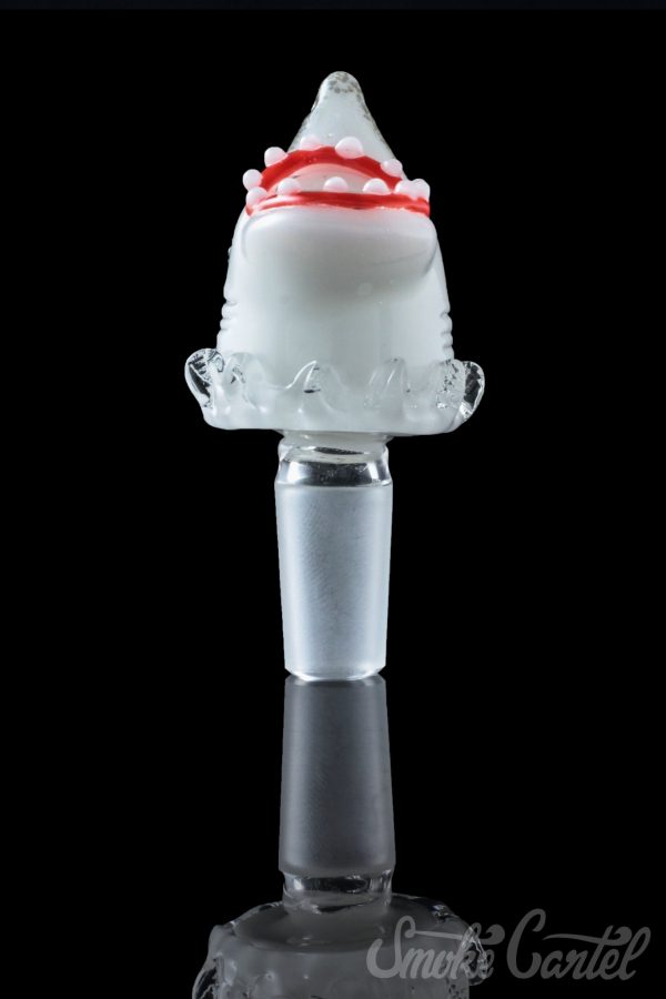 A detailed studio shot of the Empire Glassworks "Jawsome" Bowl Piece, showing a shark-shaped glass piece with an open mouth.