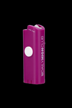 Bright pink electronic lighter with “Daily High Club” vertically printed on the side.