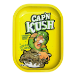 Overhead view of the “Kill Your Culture Cap ‘N’ Kush” rolling tray, featuring cartoon branding on a metallic surface.