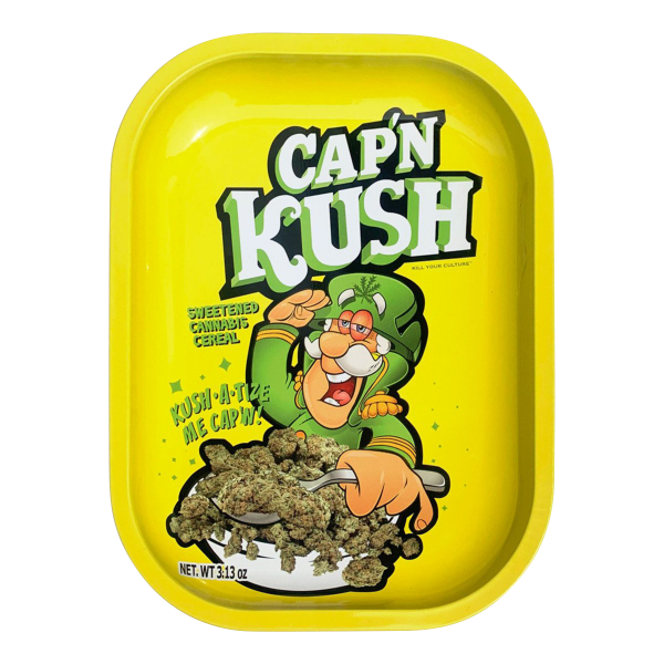 Overhead view of the “Kill Your Culture Cap ‘N’ Kush” rolling tray, featuring cartoon branding on a metallic surface.