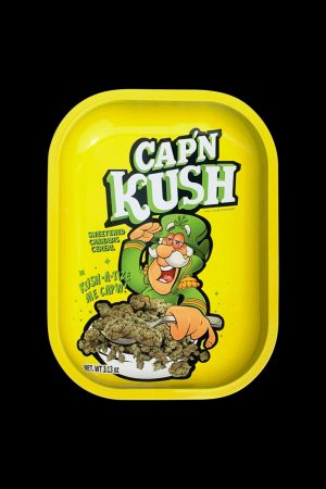 A brightly colored, overhead view of the "Kill Your Culture Cap 'N' Kush" rolling tray, displaying a cartoon-style design.