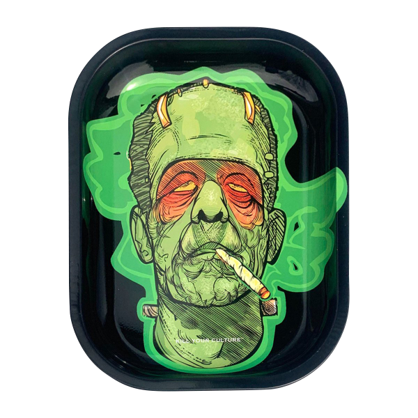 A close-up of the "Kill Your Culture "Frankenstoned" Rolling Tray" featuring a green-toned Frankenstein-inspired design.