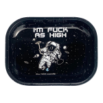 The “Kill Your Culture “Fuck As High” Rolling Tray” displays bold white text on a black surface, appearing as a sleek, modern accessory.