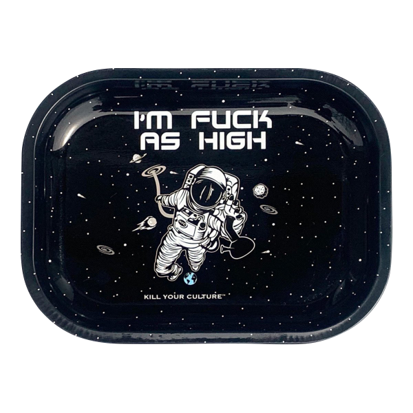 The “Kill Your Culture “Fuck As High” Rolling Tray” displays bold white text on a black surface, appearing as a sleek, modern accessory.