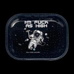 A top-down view of the “Kill Your Culture ‘Fuck As High’” rolling tray featuring a space-themed design with planets and stars.