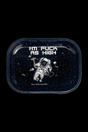 A top-down view of the “Kill Your Culture ‘Fuck As High’” rolling tray featuring a space-themed design with planets and stars.