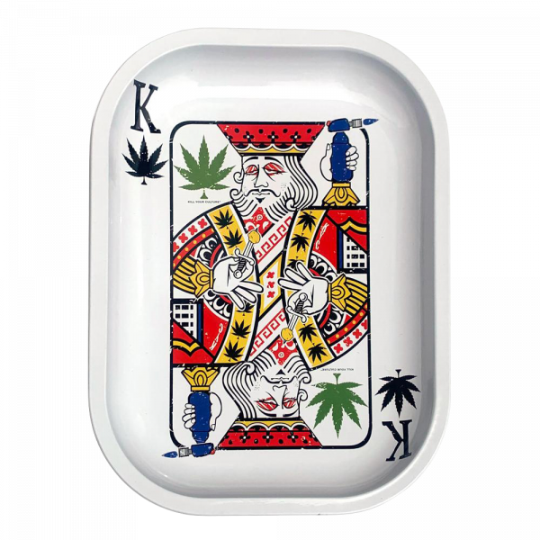 Overhead view of the “Kill Your Culture King of Concentrates” rolling tray, showcasing a bold graphic design on a metallic surface.