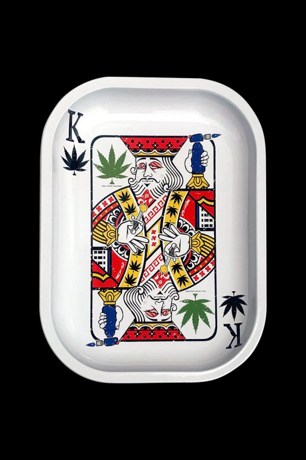 A top-down view of the “Kill Your Culture King of Concentrates” rolling tray, showcasing a colorful king illustration on a metallic surface.