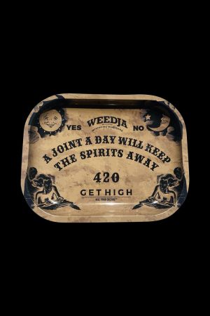 A top-down view of the Kill Your Culture Rolling Tray - Weedja Board, displaying a Ouija-style design with “Yes” and “No” corners.