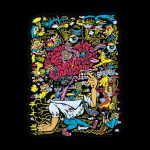 Psychedelic sticker design featuring a cartoon figure surrounded by swirling, colorful doodles, eyes, and cannabis imagery.