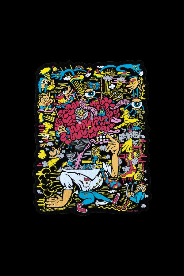 Psychedelic sticker design featuring a cartoon figure surrounded by swirling, colorful doodles, eyes, and cannabis imagery.