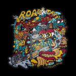 A detailed, colorful embroidered patch depicting a psychedelic scene with a cannabis pipe, mushrooms, and abstract figures, labeled "ROADTRIP KILLER ACID."