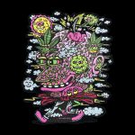 Psychedelic sticker design featuring cannabis leaves, flowers, and a smiling sun in vibrant pink, green, and yellow against a black background.