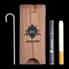 A side view of the Kozo Dugout, showcasing the wooden box with a metal pipe and a partially smoked cigarette visible inside.