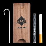 A side view of the Kozo Dugout, showcasing the wooden box with a metal pipe and a partially smoked cigarette visible inside.