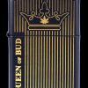 Black Zippo-style lighter with gold vertical lines and a cannabis leaf crown design, reading "Queen of Bud."