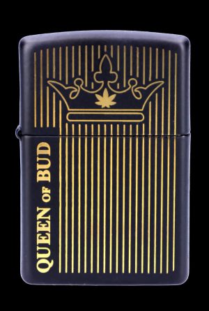 Black Zippo-style lighter with gold vertical lines and a cannabis leaf crown design, reading "Queen of Bud."