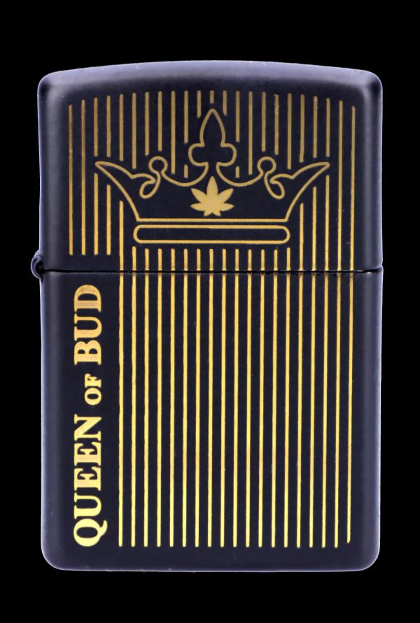 Black Zippo-style lighter with gold vertical lines and a cannabis leaf crown design, reading "Queen of Bud."
