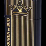 Black Zippo-style lighter with gold vertical lines and a cannabis leaf crown design, reading "Queen of Bud."