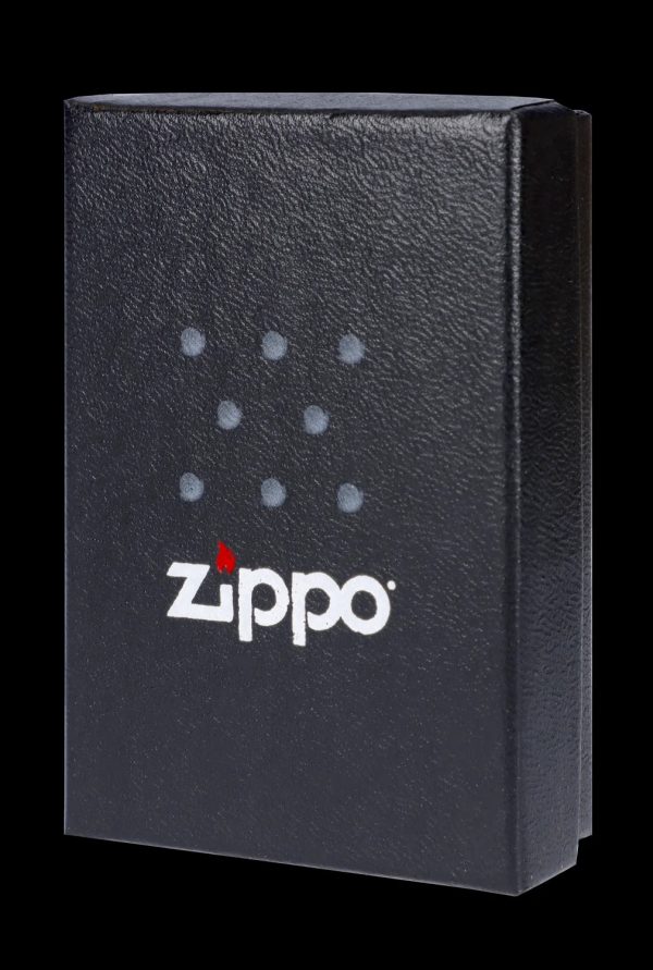Black Zippo lighter with a constellation-like dot pattern and white logo.
