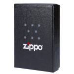 Black Zippo lighter box with cannabis leaf pattern and white logo.