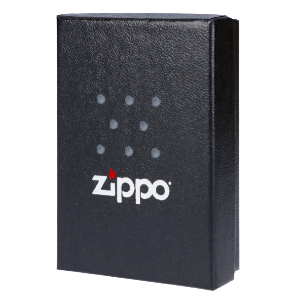 Black Zippo lighter box with cannabis leaf pattern and white logo.