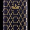Black Zippo-style lighter with a gold geometric pattern and a cannabis leaf within a crown at the top.