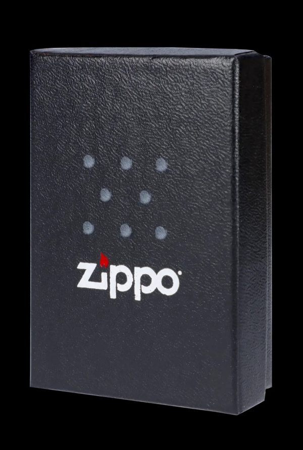 Black Zippo lighter with a constellation pattern and white logo.