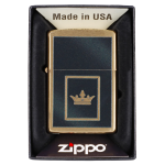 Zippo lighter with a gold crown design in a black box, often used for cannabis consumption.