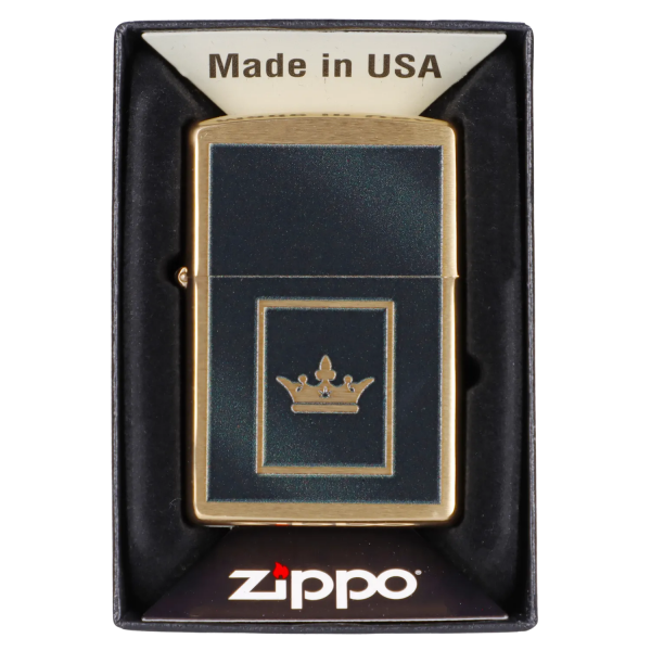 Zippo lighter with a gold crown design in a black box, often used for cannabis consumption.