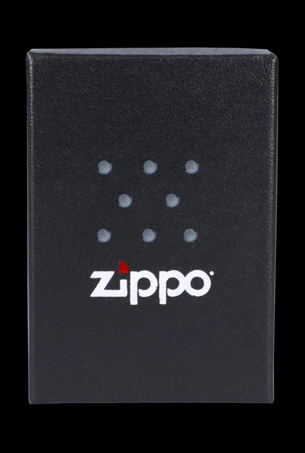 Black Zippo box with a cannabis leaf pattern and logo.