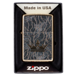Zippo lighter with a black and gold cannabis leaf design in its packaging.