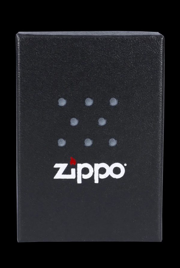 Black Zippo lighter box with cannabis leaf pattern.
