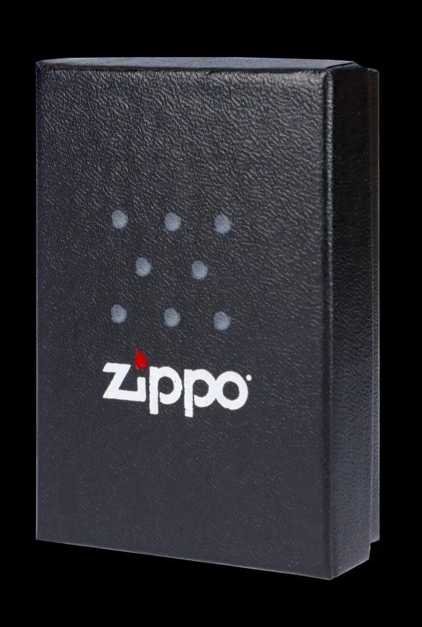 Black Zippo case with cannabis leaf pattern.