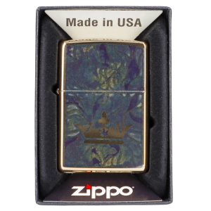 Zippo lighter with a cannabis leaf design in a display box.