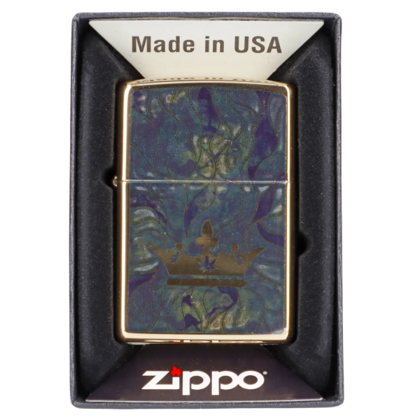 Zippo lighter with a cannabis leaf design in a display box.