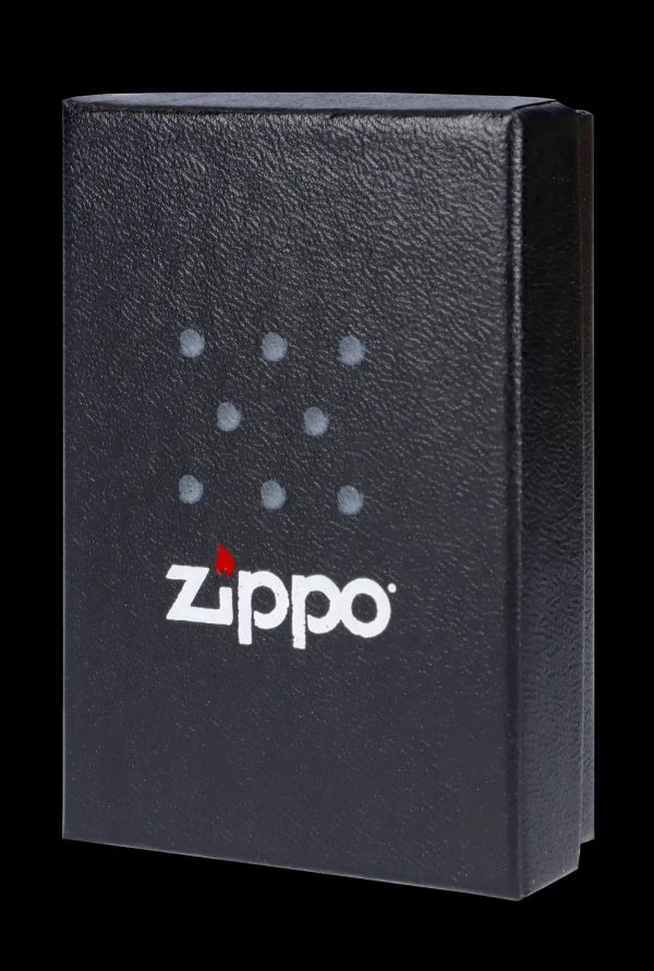 Black Zippo case with subtle cannabis leaf pattern.