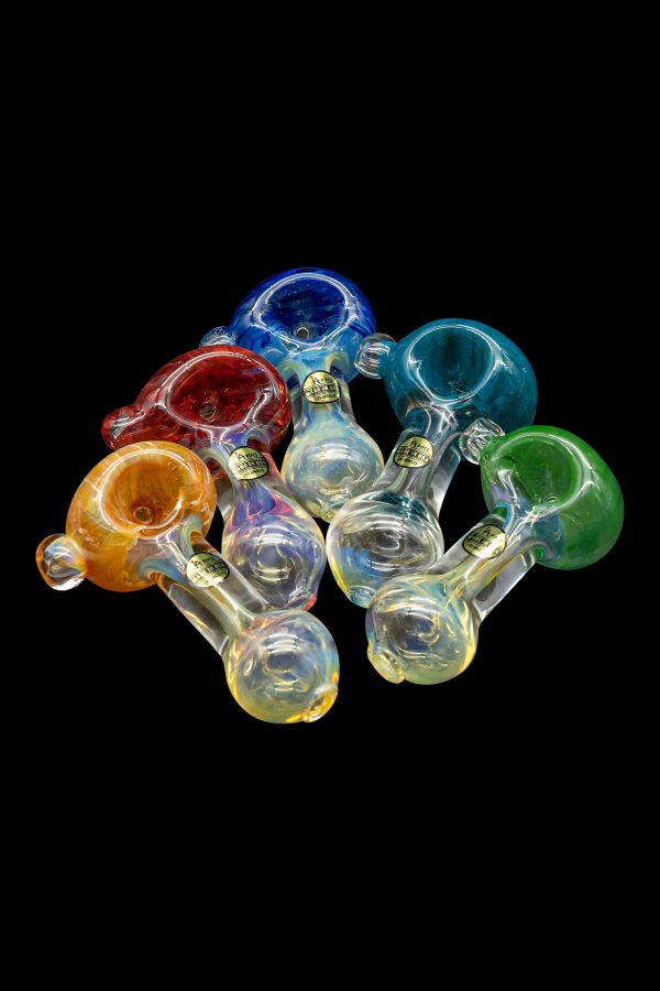 Assorted glass smoking pipes in vibrant colors against a black background.
