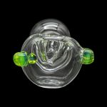 Clear glass cannabis bubbler with green accents, studio shot on black.