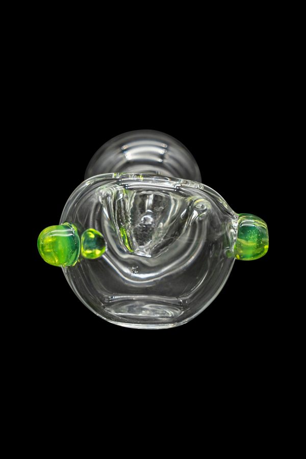 Clear glass cannabis bubbler with green accents, studio shot on black.