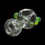 Green glass cannabis bubbler with swirling patterns and bubbles.