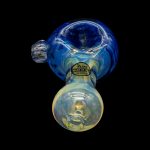 Blue glass cannabis pipe with yellow accents, labeled "Made in USA Los Angeles."