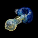 Hand-blown glass pipe with blue and yellow swirling patterns, isolated on a black background.
