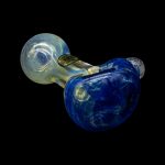 Hand-blown glass pipe with blue and iridescent accents.