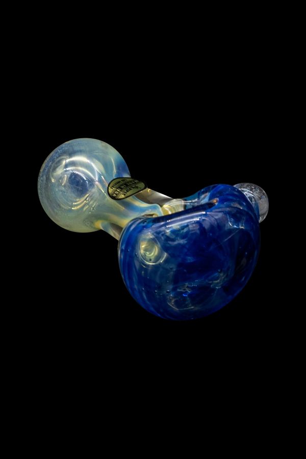 Hand-blown glass pipe with blue and iridescent accents.