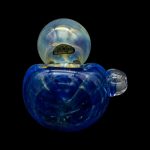 Blue glass water pipe with iridescent bubble.