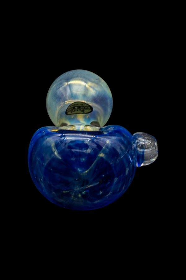 Blue glass water pipe with iridescent bubble.
