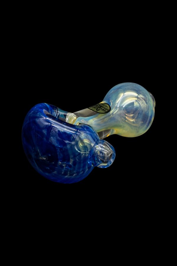 Blue and iridescent glass pipe against a black background.