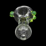 Green glass bubbler pipe with detailed sculpting and a round base.